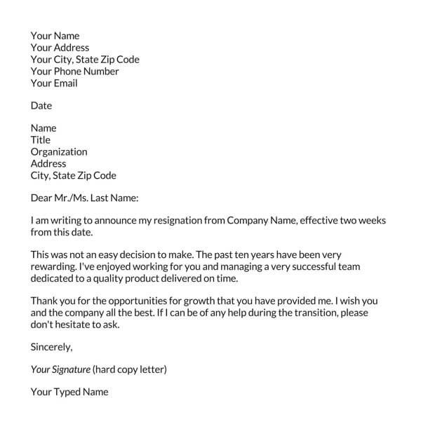 Sample 2 weeks’ notice resignation letter