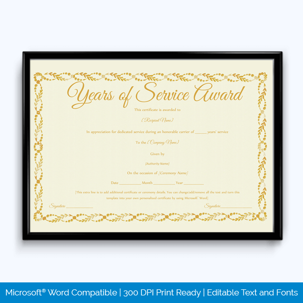Printable Years of Service Award Certificate Template 03 for Word
