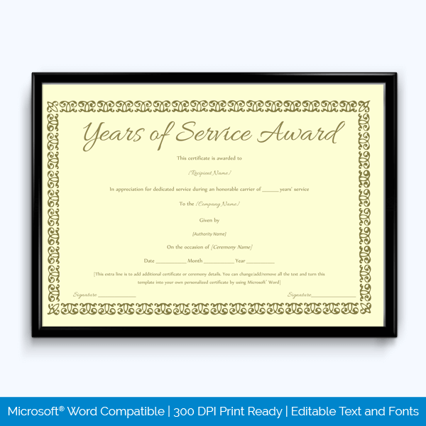 Editable Years of Service Award Certificate Template 04 for Word