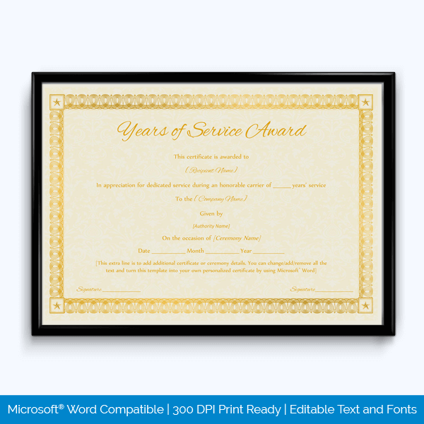 Free Years of Service Award Certificate Template 02 for Adobe