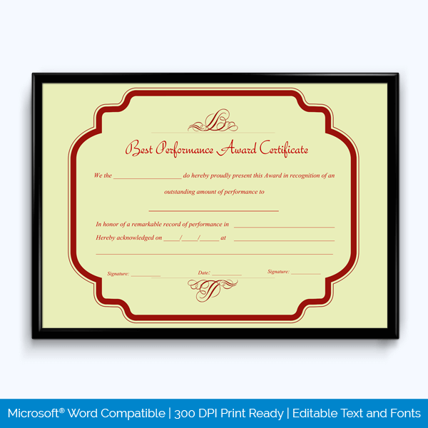 Printable Best Performance Award Certificate Template 02 for Adobe
