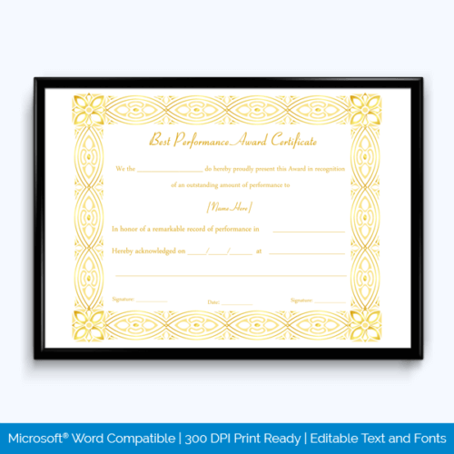 Editable Best Performance Award Certificate