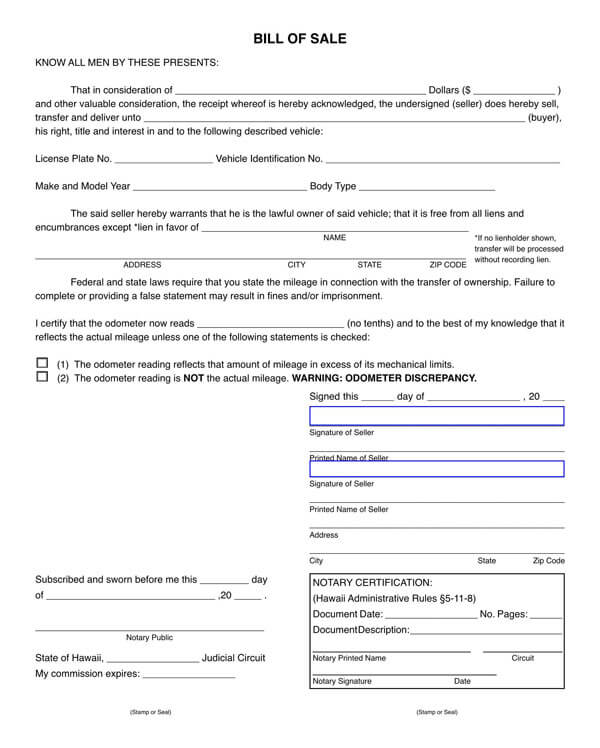 Editable Hawaii Bill of Sale Form Sample