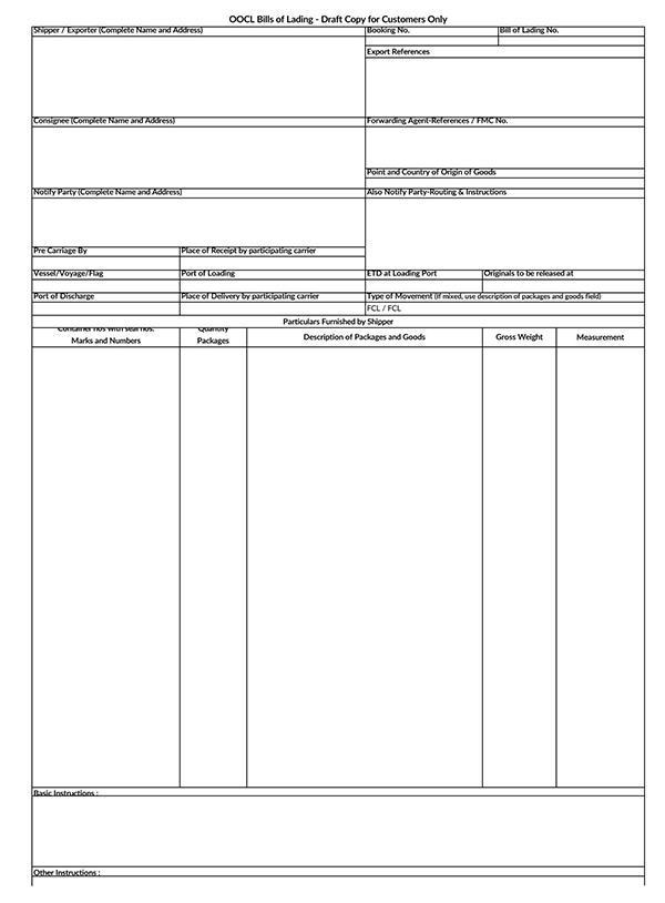 Free Downloadable Bill of Lading Template 03 as an Excel Sheet