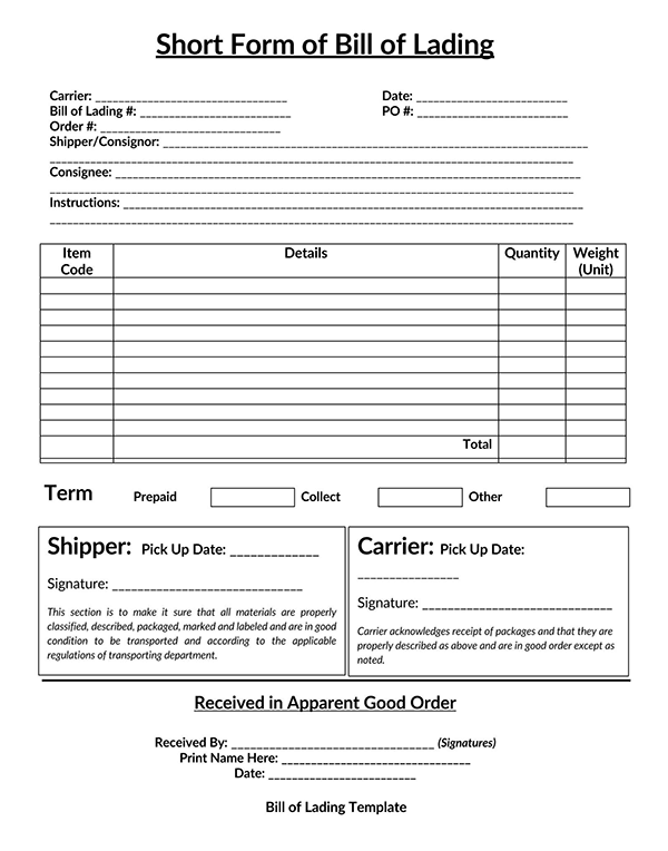 Free Editable Short Bill of Lading Template 02 as Word Document