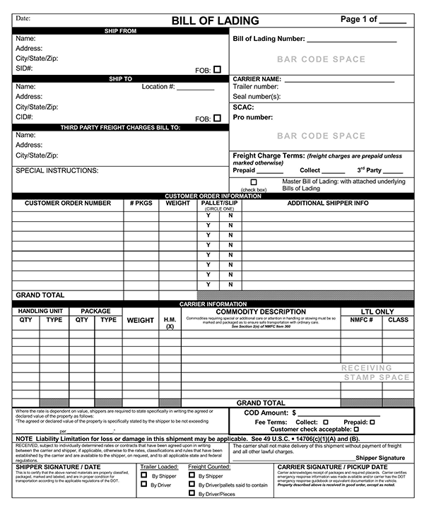 Free Printable Bill of Lading Template 04 as Pdf File
