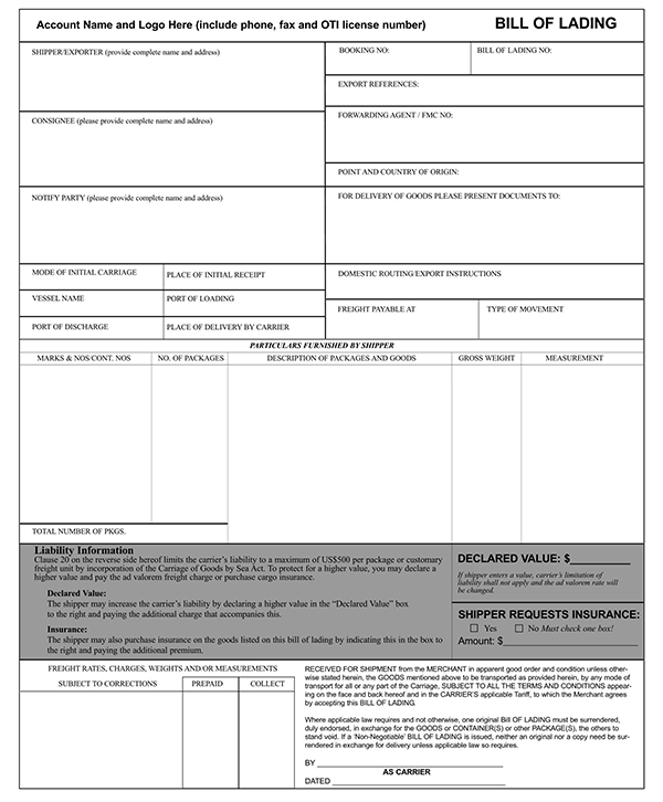 Free Printable Bill of Lading Template 06 as Pdf File