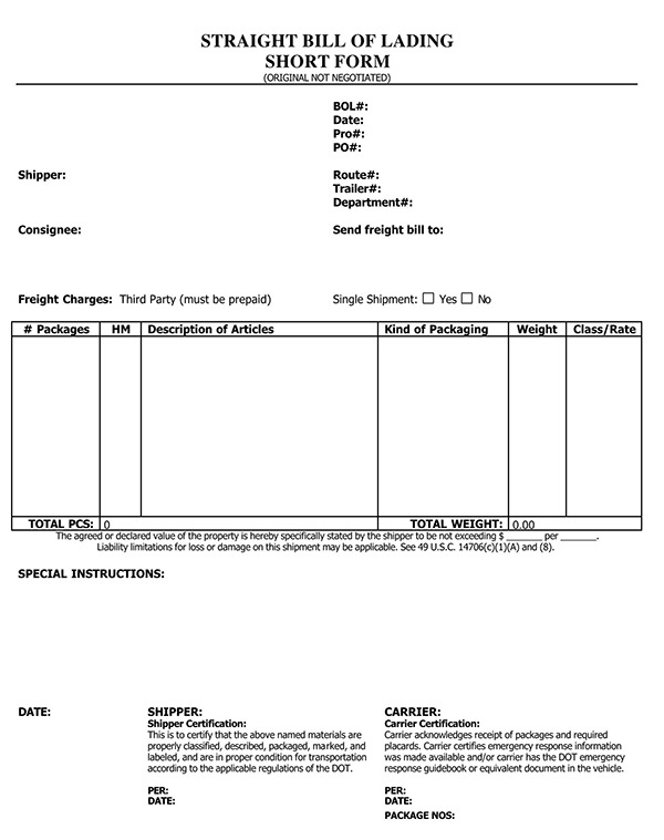 Great Professional Straight Bill of Lading Template 05 as Pdf File