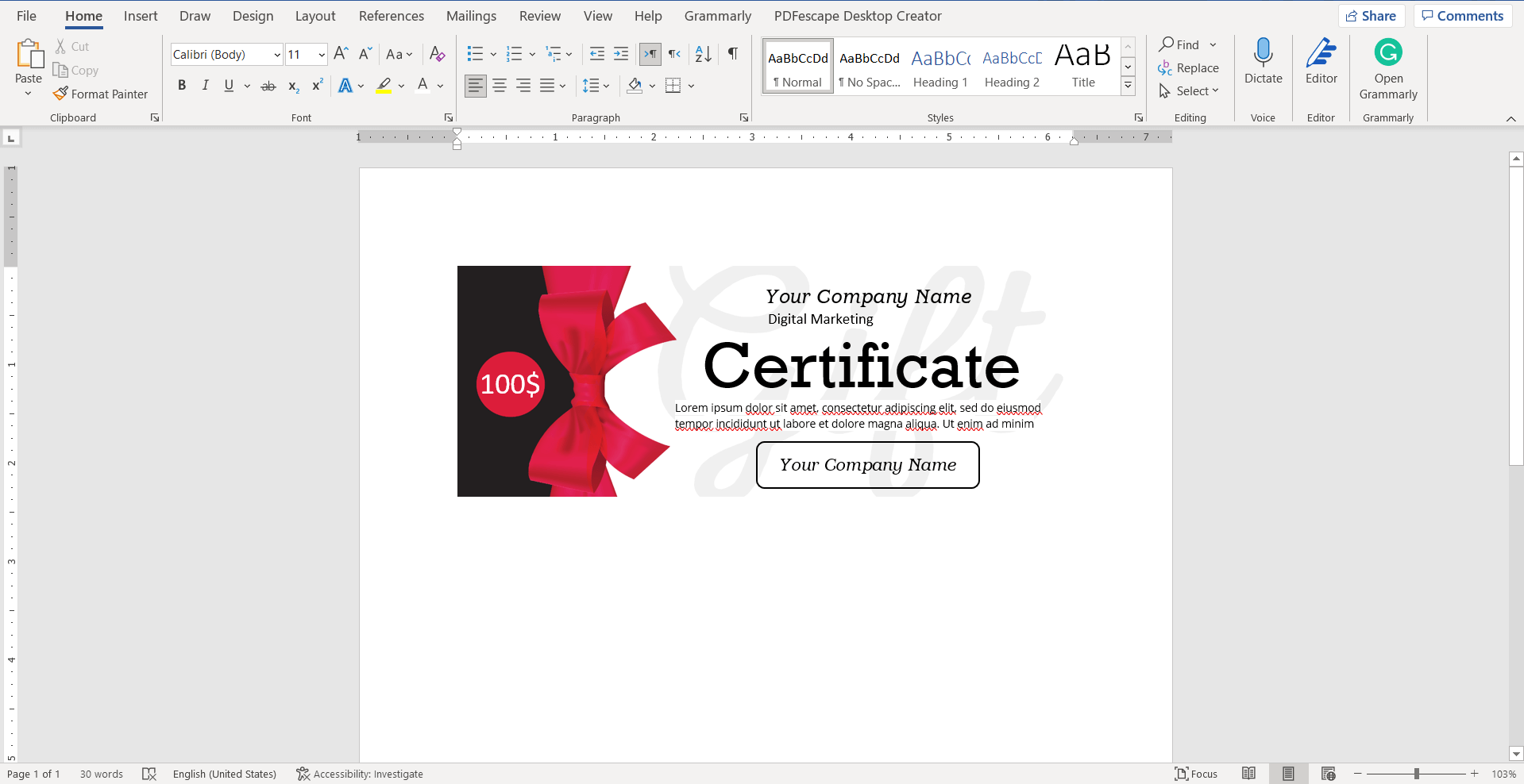 Final Look of Gift Certificate Template