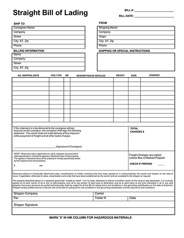 Great Professional Straight Bill of Lading Template 10 as Pdf File