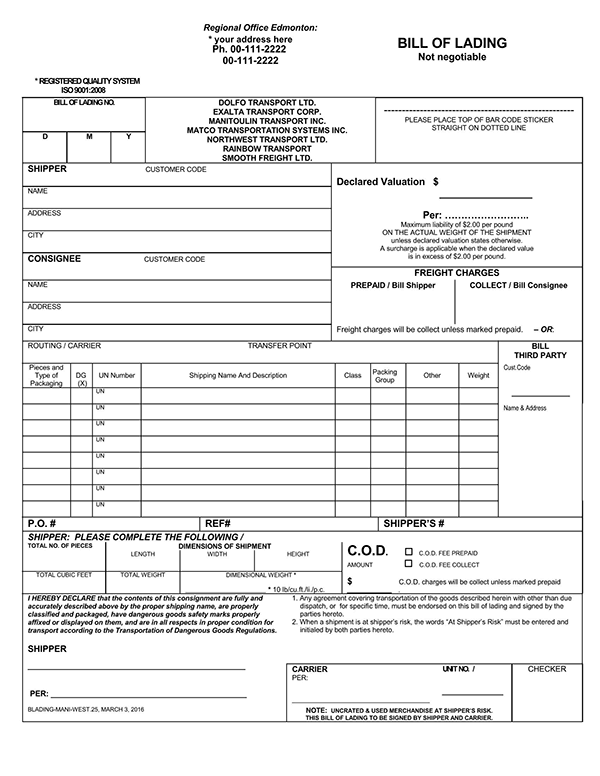 Free Printable Bill of Lading Template 08 as Pdf File