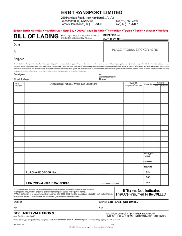 Free Printable Bill of Lading Template 09 as Pdf File
