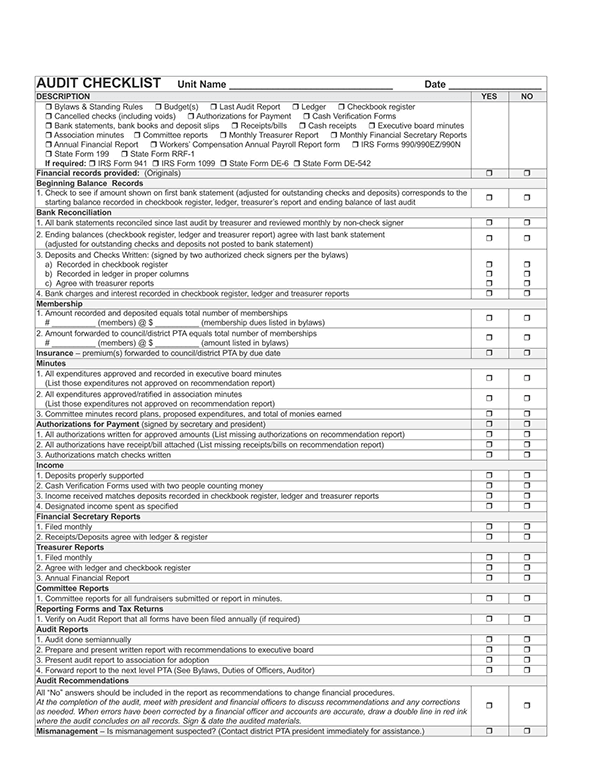 Audit Checklist Template - Editable and Printable Example