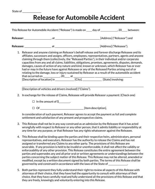 Automobile Release of Liability Form