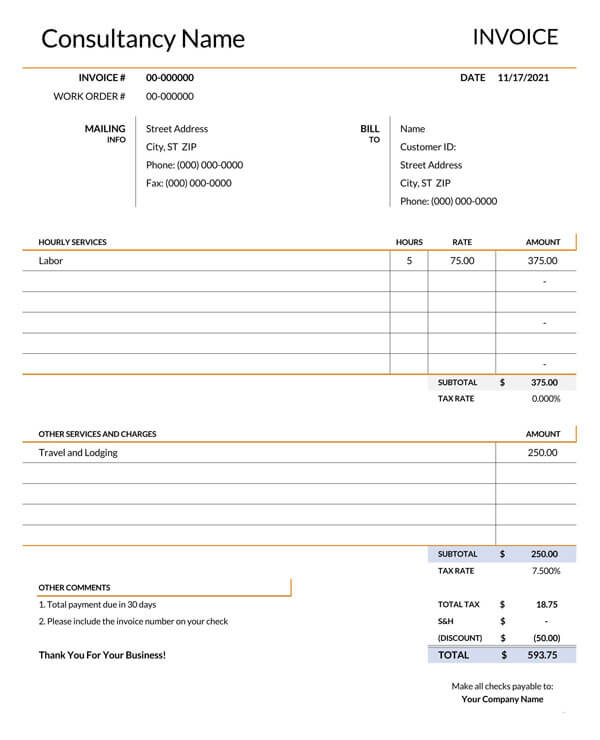 Printable basic consultant invoice template