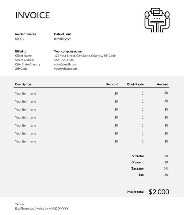 Example of Consultant Invoice Form - Printable Template