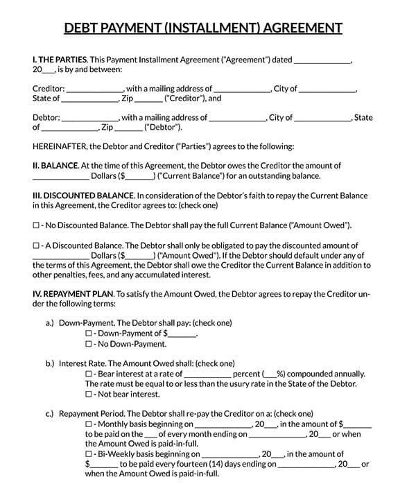 Editable Debt Payment Agreement Form - Example Template
