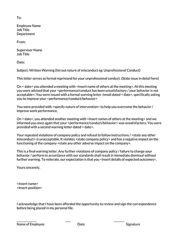 warning letter to employee for unacceptable behaviour pdf