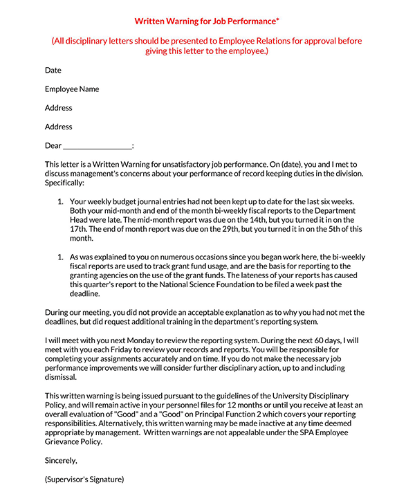 Warning letter to employee - Editable template