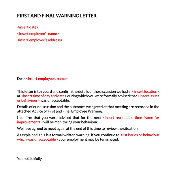 Printable Warning Letter to Employee 22 for Word