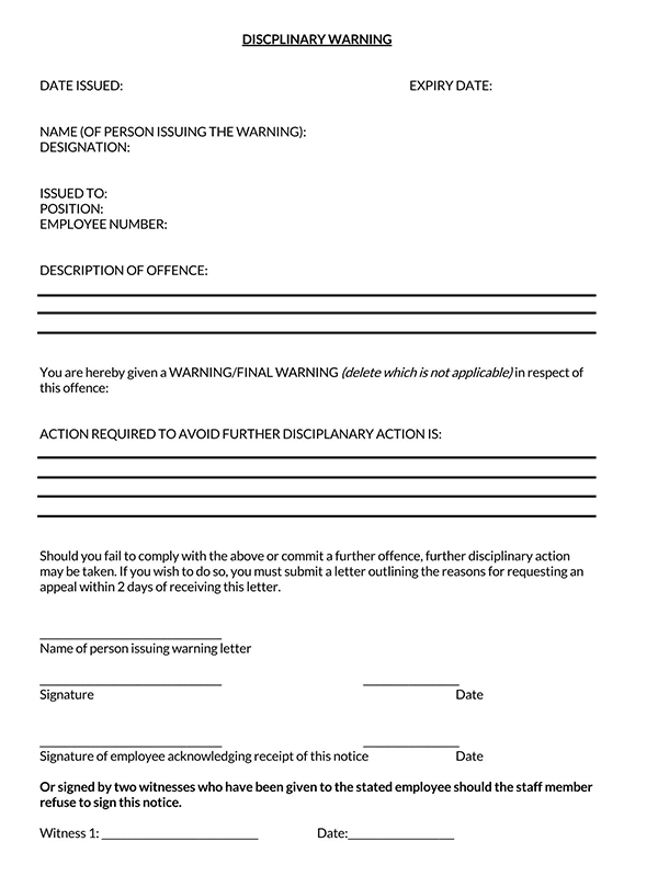Editable warning letter to employee - Example format