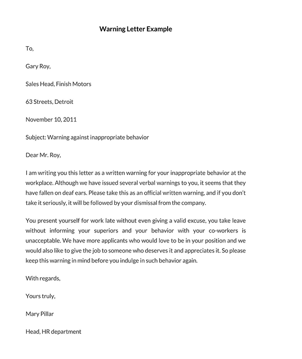Free Warning Letter to Employee 40 for Word
