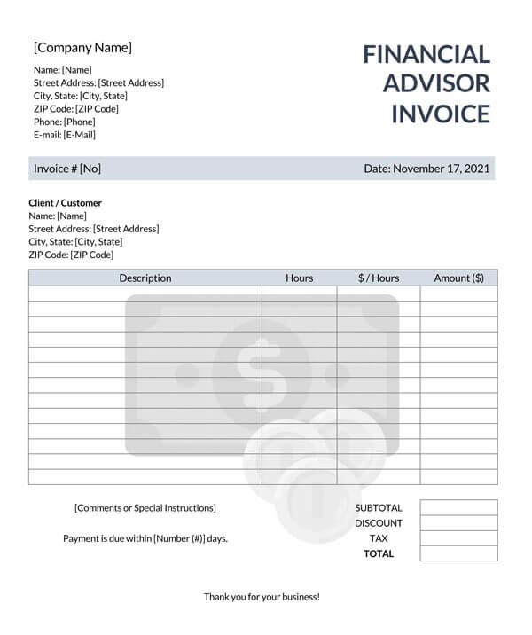 Example of Financial Advisor Consultant Invoice Form - Printable Template