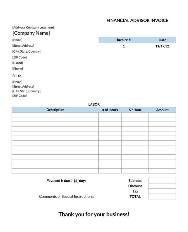 Printable Financial Advisor Consultant Invoice Template
