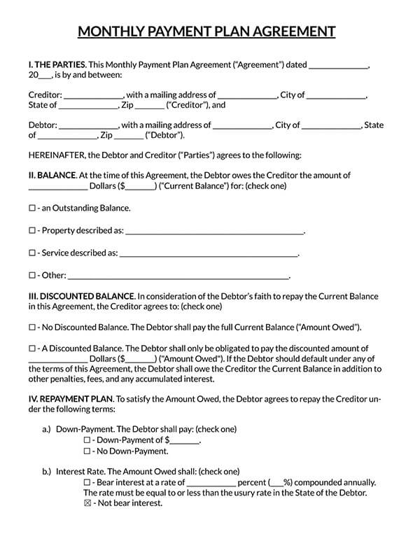 Printable Monthly Payment Agreement Template - Editable Form