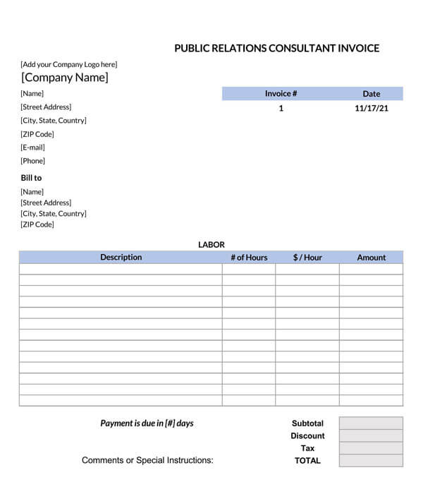 Consultant Invoice Template - Public Relations