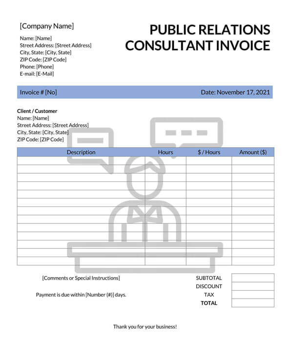 Editable Public Relations Consultant Invoice Example - Download Now