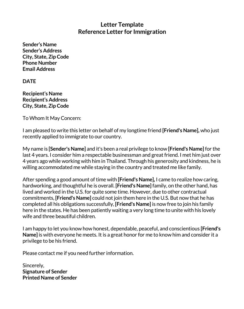 Reference Letter For Immigration free word doc