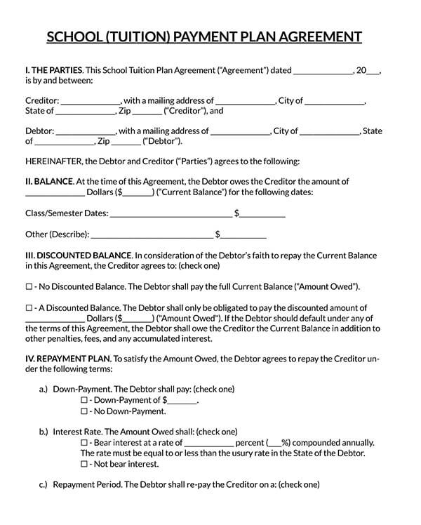 School Payment Agreement Template - Example PDF Form