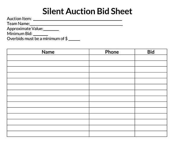  silent auction bid sheet template free download