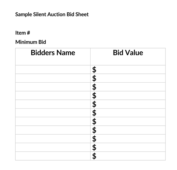 silent auction bid sheet template word 1