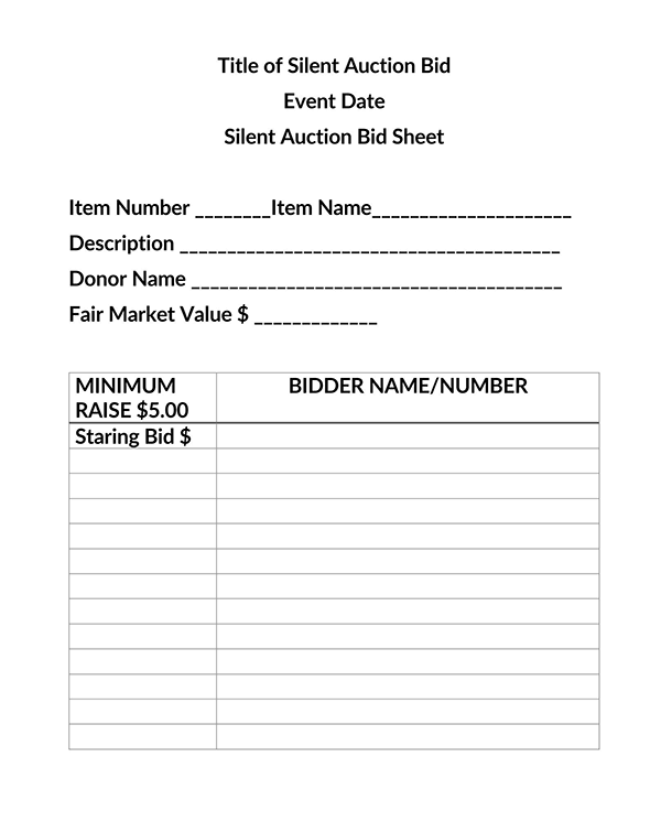 silent auction bid sheet template free download 20