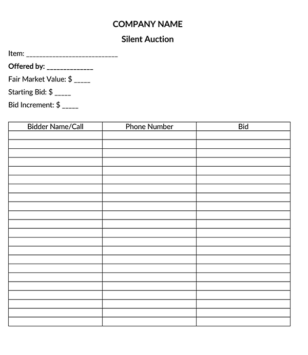 live auction bid sheet template free 23