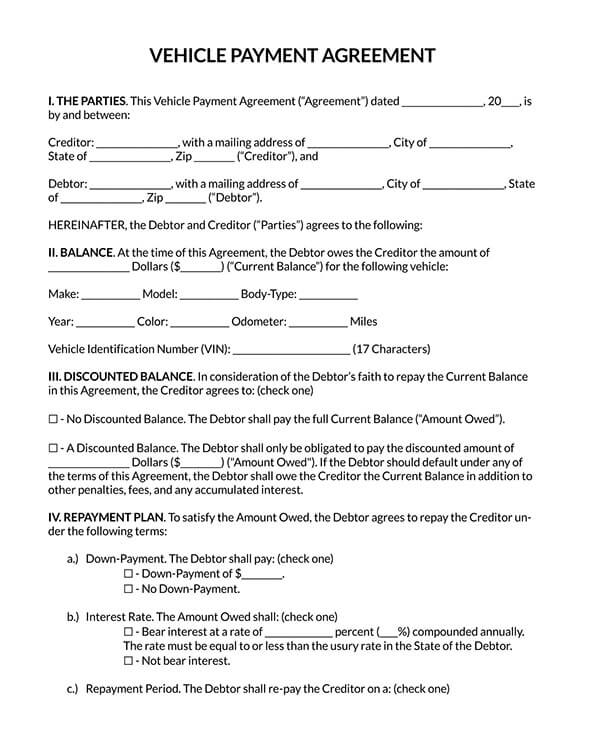 Car/Vehicle Payment Agreement Template - Free PDF Download