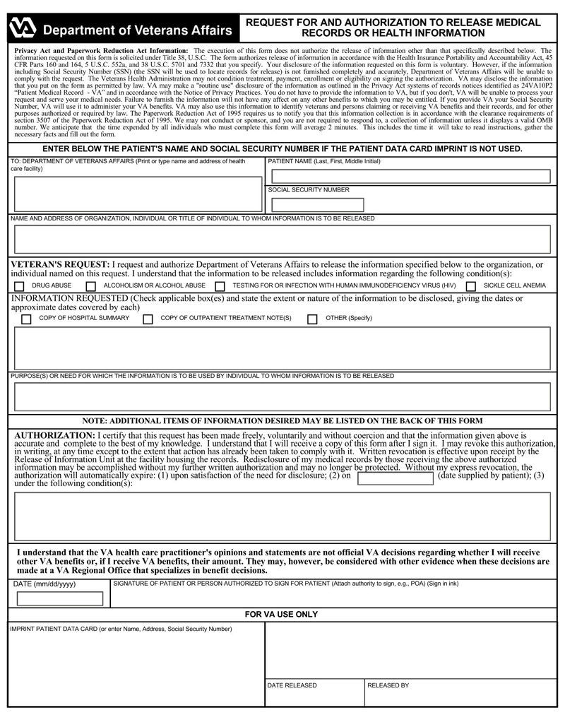 Veterans Affairs Medical Records Release Form