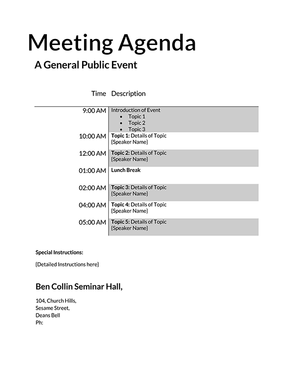 Free Printable General Public Event Meeting Agenda Template in Word Format
