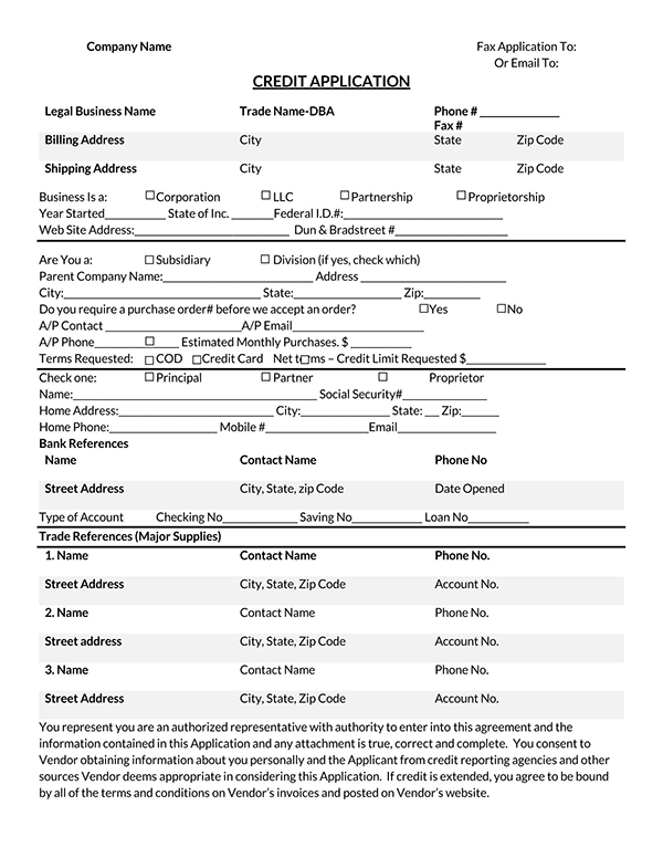 customer credit application form and agreement
