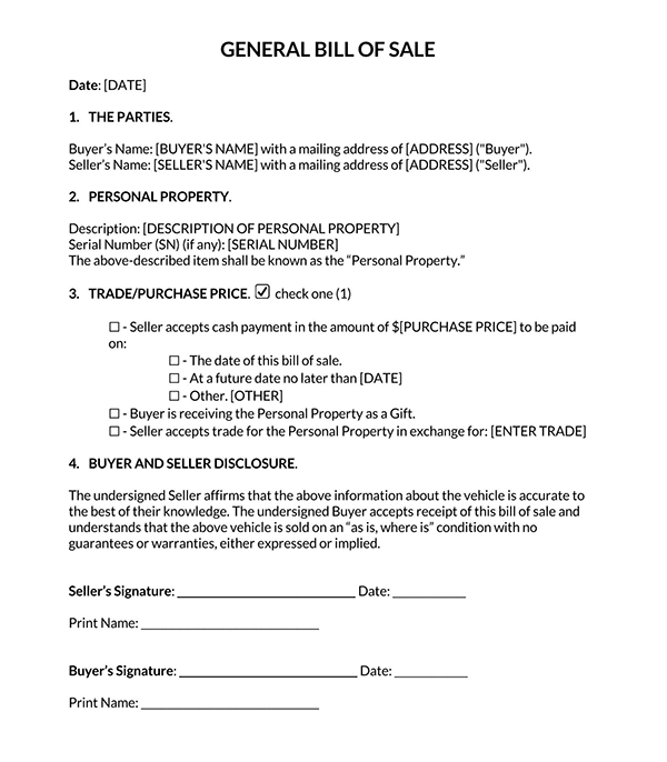 Free Printable General Personal Property Bill of Sale Form as Word File