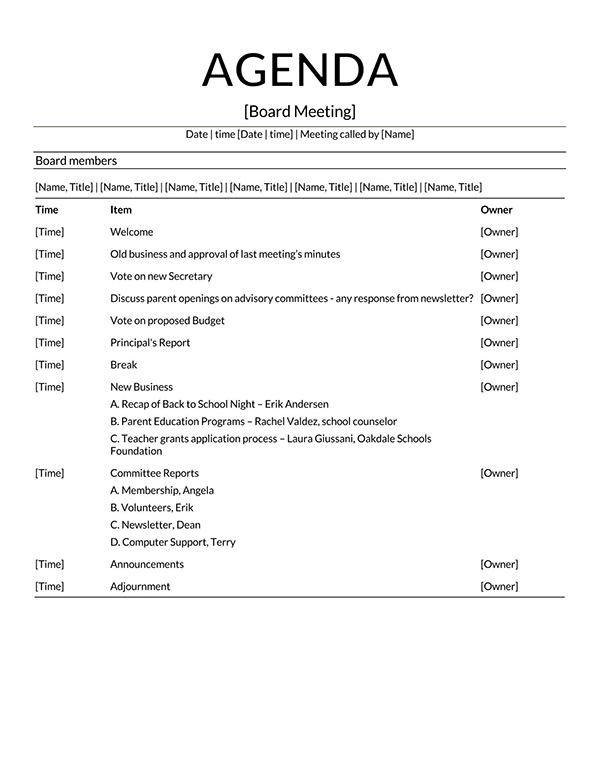 Great Downloadable Board Meeting Agenda Template as Word Document