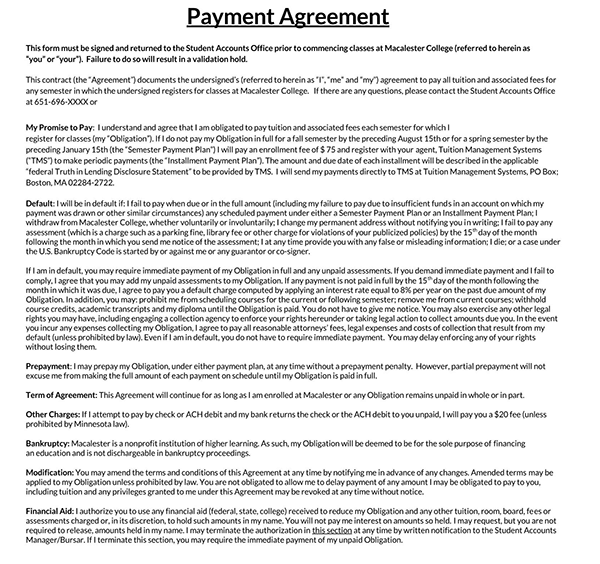 Sample payment agreement template