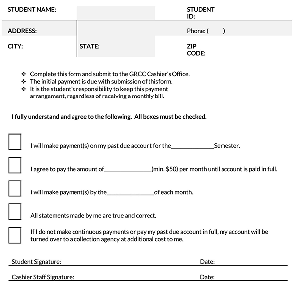 Printable payment agreement template example