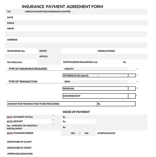 Free printable insurance payment agreement template