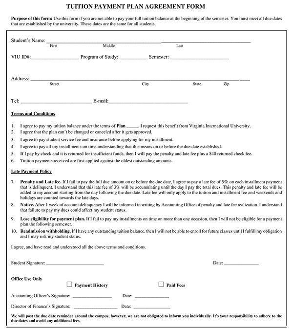 Printable tuition payment agreement form