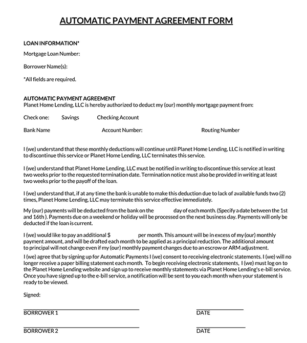 Payment agreement form template
