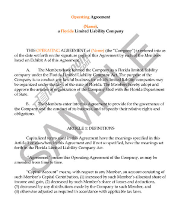 florida operating agreement template