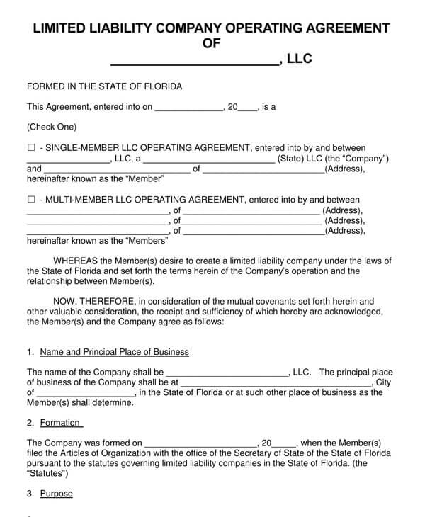 Editable Florida LLC Operating Agreement in Word